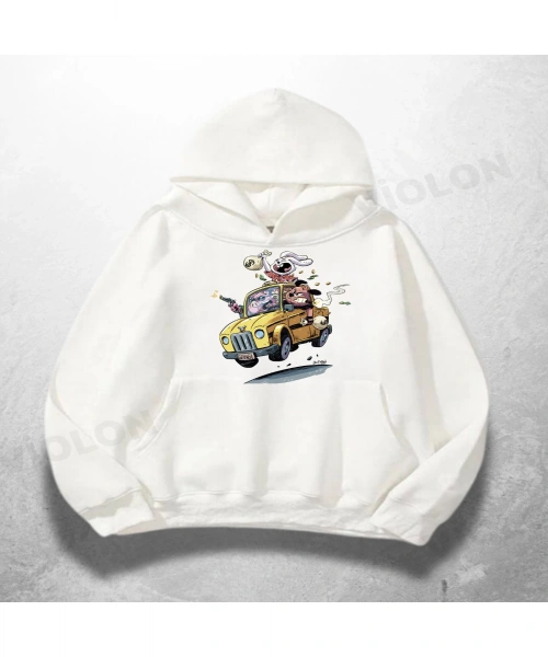 Beyaz Unisex Skull Driver Baskılı Oversize Hoodie Sweatshirt