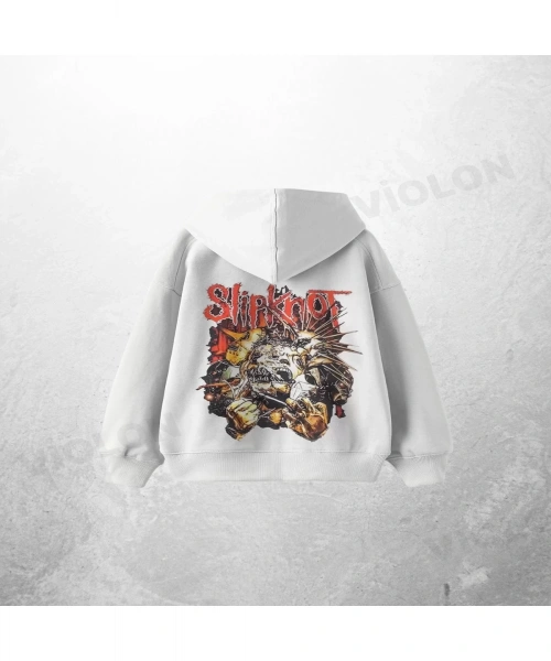 Beyaz Unisex Slipknot Baskılı Oversize Hoodie Sweatshirt