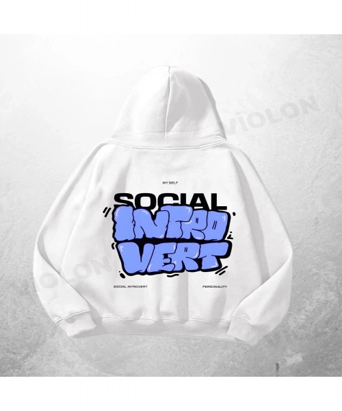 Beyaz Unisex Social Introvert Baskılı Oversize Hoodie Sweatshirt