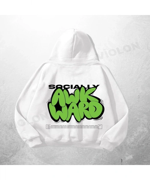 Beyaz Unisex Socially Awkward Baskılı Oversize Hoodie Sweatshirt
