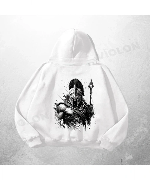 Beyaz Unisex Spartan Baskılı Oversize Hoodie Sweatshirt