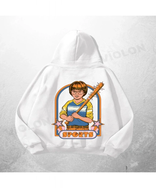 Beyaz Unisex Sports Baskılı Oversize Hoodie Sweatshirt