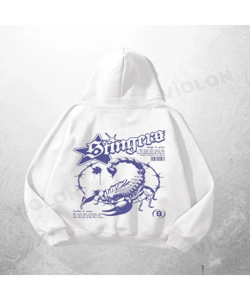 Beyaz Unisex Stingers Akrep Baskılı Oversize Hoodie Sweatshirt