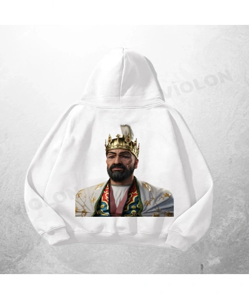 Beyaz Unisex Sultan Baskılı Oversize Hoodie Sweatshirt