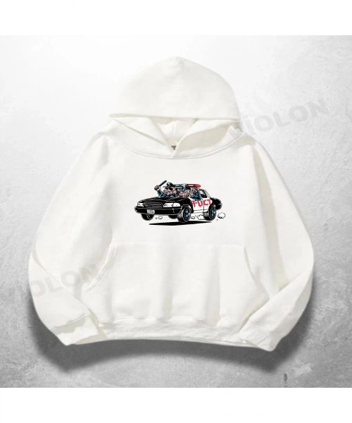 Beyaz Unisex Surf Car Baskılı Oversize Hoodie Sweatshirt