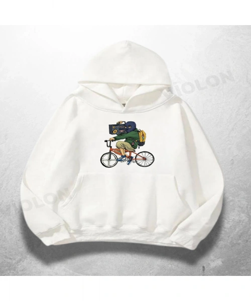 Beyaz Unisex Travel Cyclist Baskılı Oversize Hoodie Sweatshirt