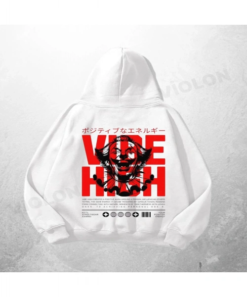 Beyaz Unisex Vibe High Baskılı Oversize Hoodie Sweatshirt