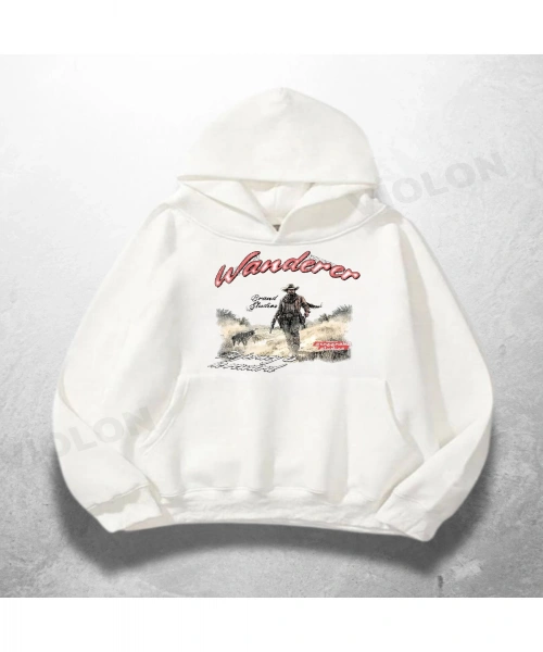 Beyaz Unisex Wanderer Baskılı Oversize Hoodie Sweatshirt