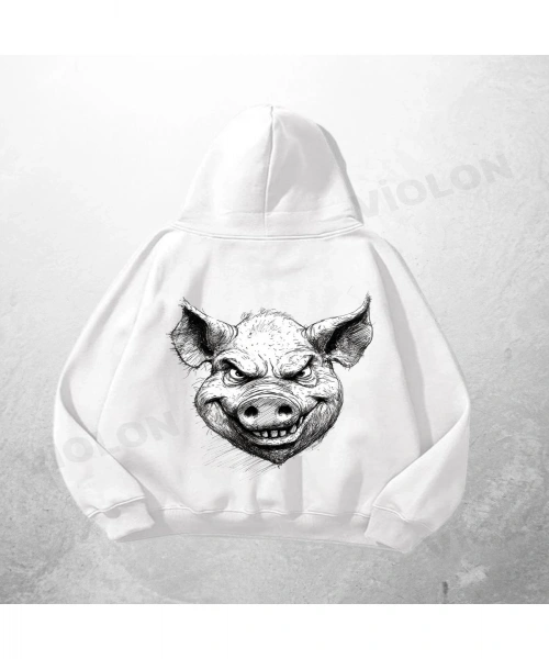 Beyaz Unisex Yaban Domuzu Baskılı Oversize Hoodie Sweatshirt