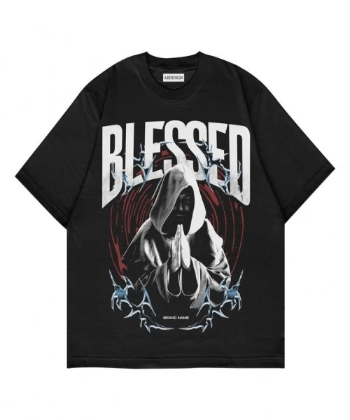 Blessed Baskılı Siyah Renk Oversize T-Shirt