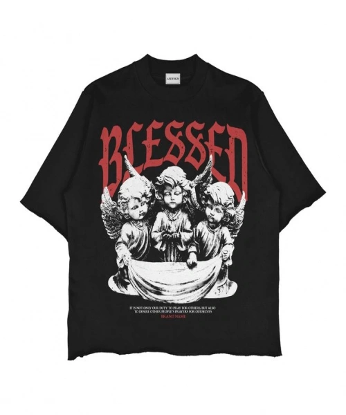 Blessed Baskılı Siyah Renk Oversize T-Shirt