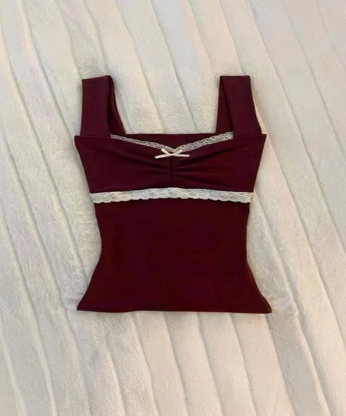 Bordo Dantel Yaka Kurdele Detaylı Askılı Crop
