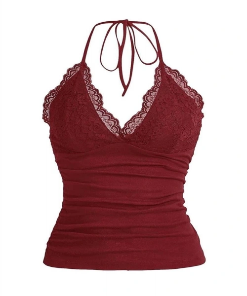 Bordo Dantelli V Yaka Gothic Boyun Bağlamalı Full Body Crop