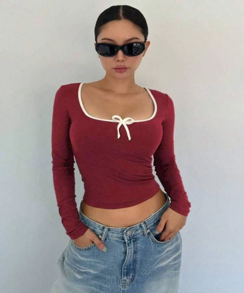Bordo Ribbon Kurdele Aesthetic Crop Bluz