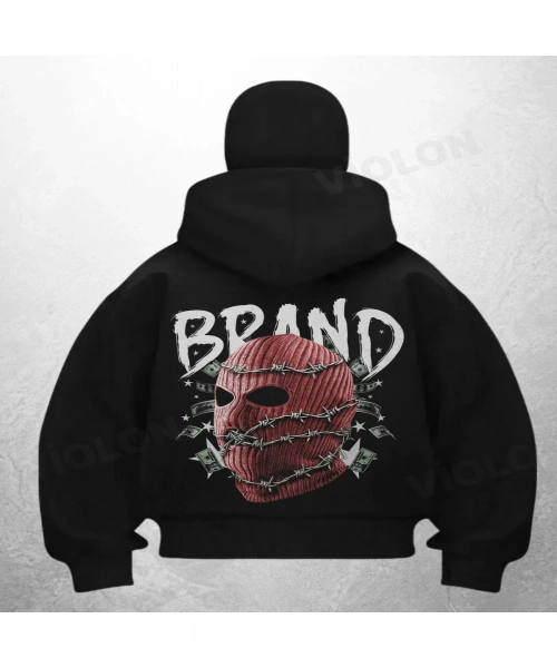 Brand Baskılı Siyah Samuray Kar Maske Sweatshirt Hırka