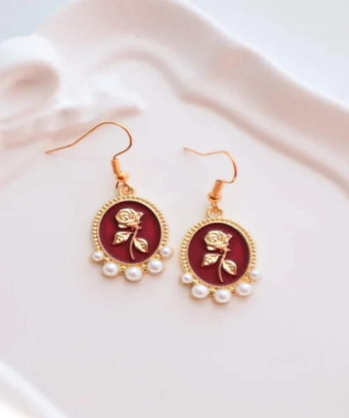 Burgundy Y2K Pearl Tulip İthal Küpe