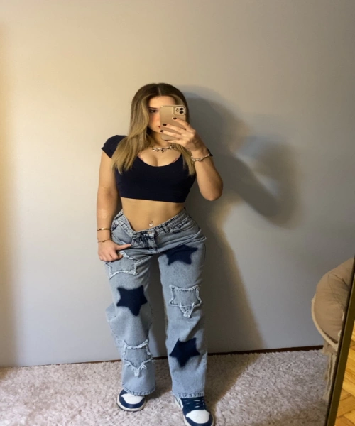 Buz Mavisi Bol Paça Lacivert Yıldız ve Patch Yıldızlı Kot Pantolon