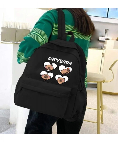 Capybara Baskılı Siyah Siyah Laptop Okul Kurs Kamp Seyehat Gezi Günlük Kullanım Sırt Çantası