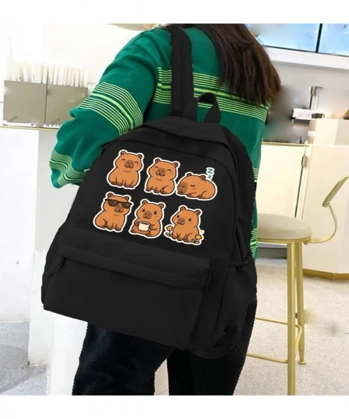 Capybara Baskılı Siyah Siyah Laptop Okul Kurs Kamp Seyehat Gezi Günlük Kullanım Sırt Çantası