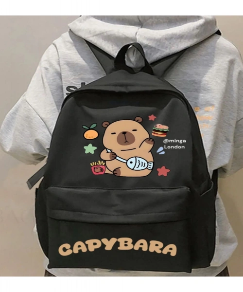 Capybara Baskılı Siyah Siyah Laptop Okul Kurs Kamp Seyehat Gezi Günlük Kullanım Sırt Çantası