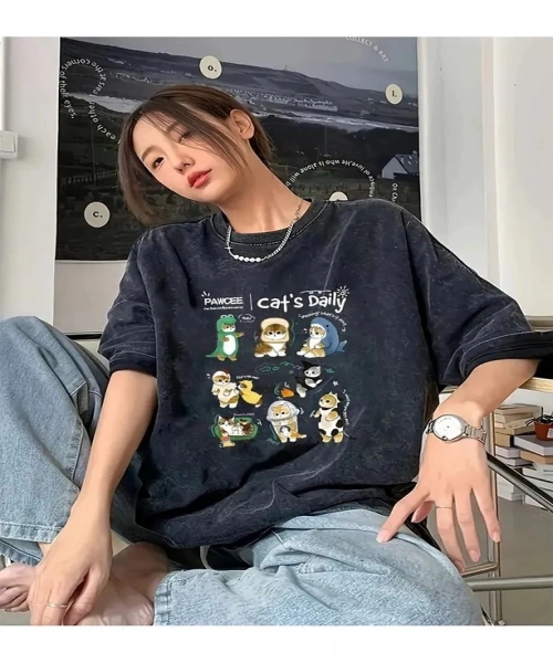 Cats Daily Baskılı Yıkamalı Vintage Unisex Oversize T-Shirt