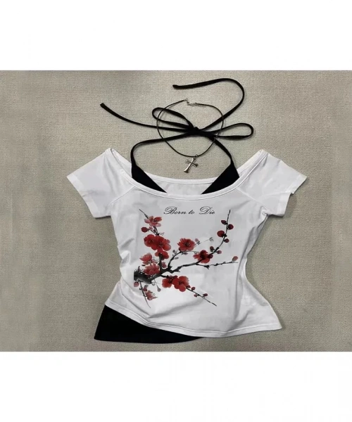 Çiçek Esintisi Vintage Grunge Mektup Madonna Yaka Ek Askılı Kısa Kollu Full Body Crop