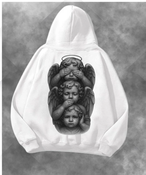 Üç Melek Baskılı Unisex Oversize Kapüşonlu Sweatshirt