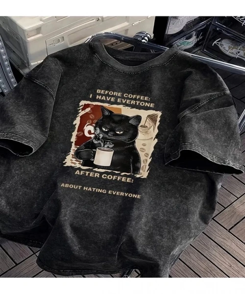 Coffe Cat Baskılı Yıkamalı Vintage Unisex Oversize T-Shirt