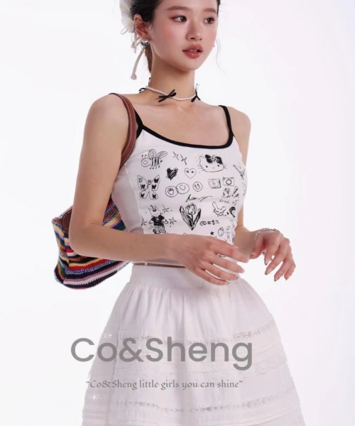 Cute Hello Cat Askılı Siyah Crop