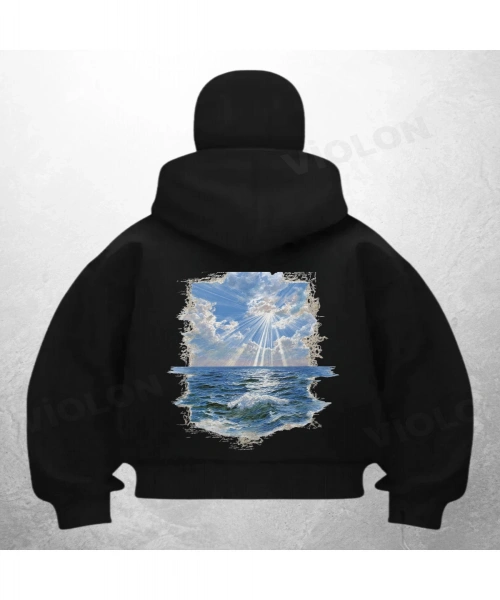 Deniz Manzara Baskılı Siyah Samuray Kar Maske Sweatshirt Hırka