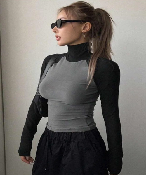 Füme Raglan Sİyah Kollu Boğazlı Y2K Uzun Kollu Crop