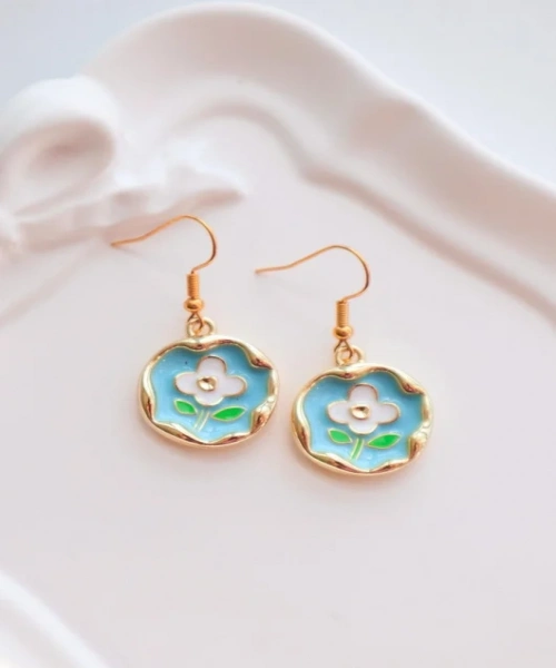 Gold Mavi Mineli Manolya Çiçeği İthal Küpe