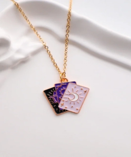 Gold Renk Zincirli Mor 3lü Tarot Kart İthal Kolye