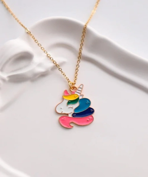 Gold Renk Zincirli Renkli Unicorn İthal Kolye