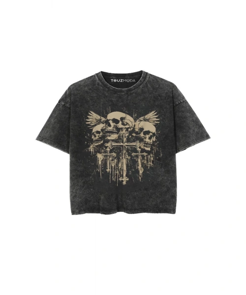 Gothic Skull Cross Baskılı Unisex Oversize T-Shirt