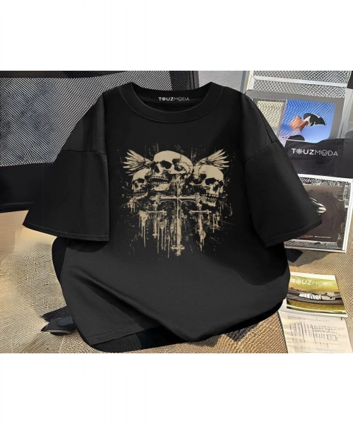 Gothic Skull Cross Baskılı Unisex Oversize T-Shirt