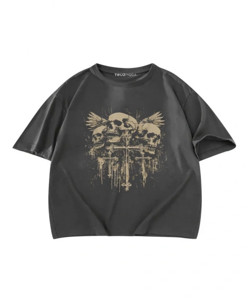Gothic Skull Cross Baskılı Unisex Oversize T-Shirt