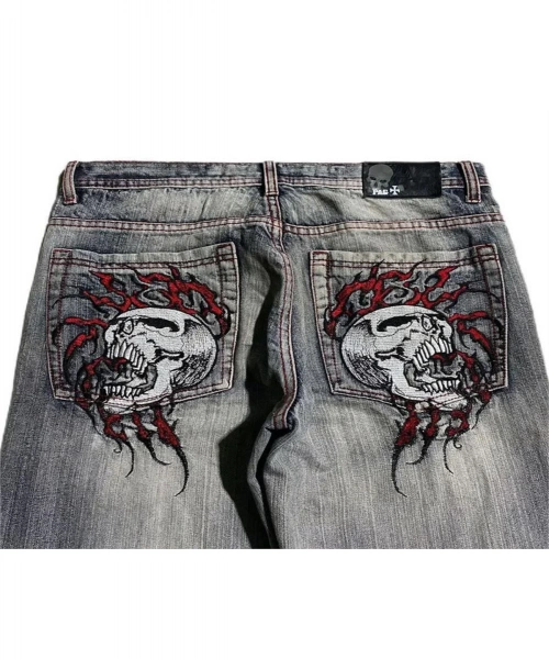Gri Double Fire Skull Streetwear Yıkamalı Jean Pantolon