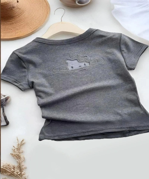 Gri Hello Kitty Sırt Dekolteli Kısa Kollu Crop