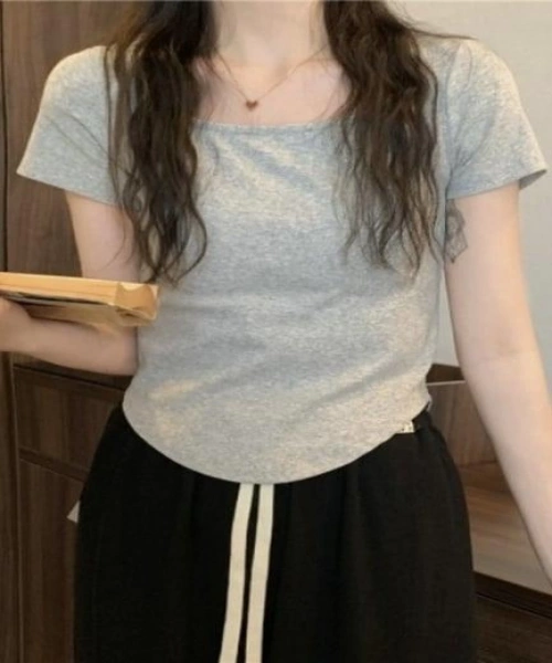 Gri Melanj Basic Kısa Kollu Crop