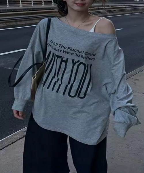 Gri Melanj With You İç Dıs Baskılı Y2K Uzun Kollu T-Shirt