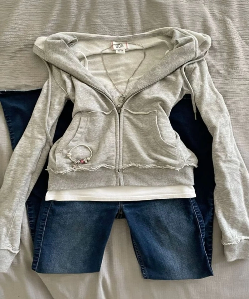 Gri Melanj Yırtık Detaylı Street Y2K Crop Hırka