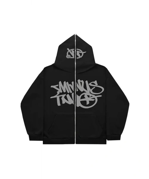 Gri Minus Two Yazı Baskılı 3 iplik Kalın Fermuarlı Unisex Oversize Full Zip Siyah Hırka