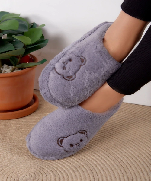 Gri Tatlı Ayıcık Yumuşak Tüylü Peluş Panduf Terlik