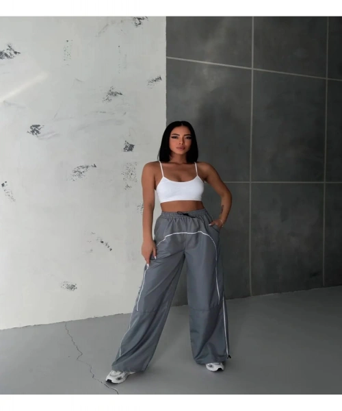 Gri U Şeritli Model Paraşüt Kumaş Unisex Eşofman Altı