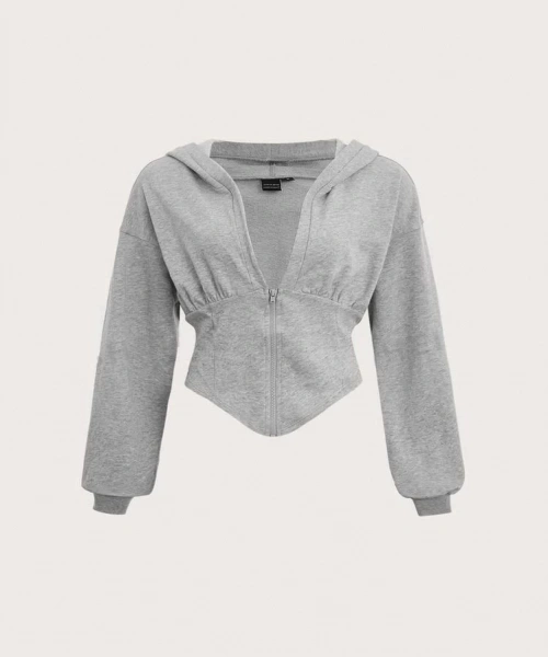 Gri Uzun Kollu Korse Kesim Fermuarlı Ceket