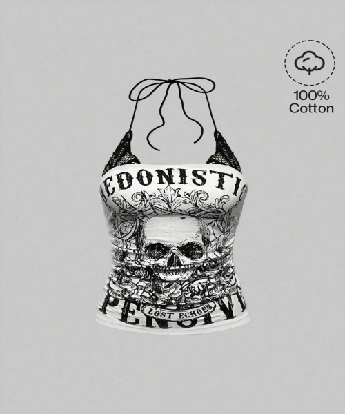Grunge Punk Y2K Beyaz Punk Skeleton Kafatası Baskılı Kontrast Dantel Kolsuz Yelek