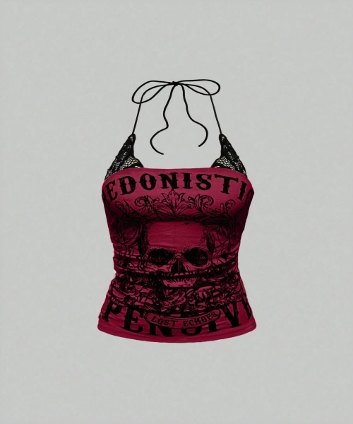Grunge Punk Y2K Kırmızı Punk Skeleton Kafatası Baskılı Kontrast Dantel Kolsuz Yelek