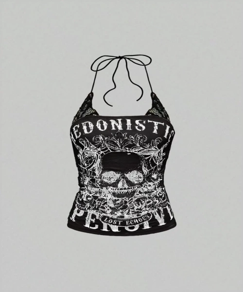 Grunge Punk Y2K Siyah Punk Skeleton Kafatası Baskılı Kontrast Dantel Kolsuz Yelek