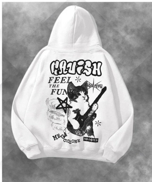Guitar Cat Figür Baskılı Unisex Oversize Kapüşonlu Sweatshirt